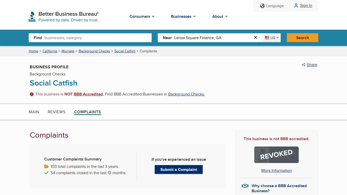 Social Catfish | BBB Complaints | Better Business Bureau